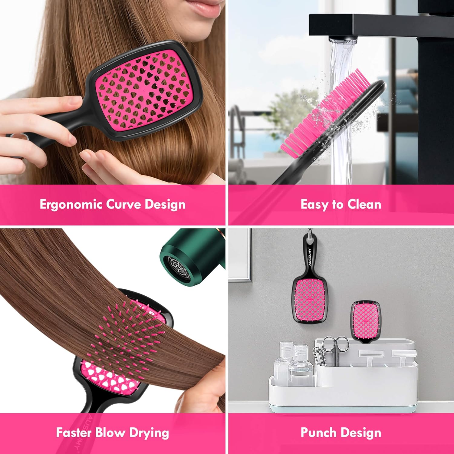 2-Pack Vented Detangling Hair Brush Set – Regular & Mini Round Brushes with Soft Bristles